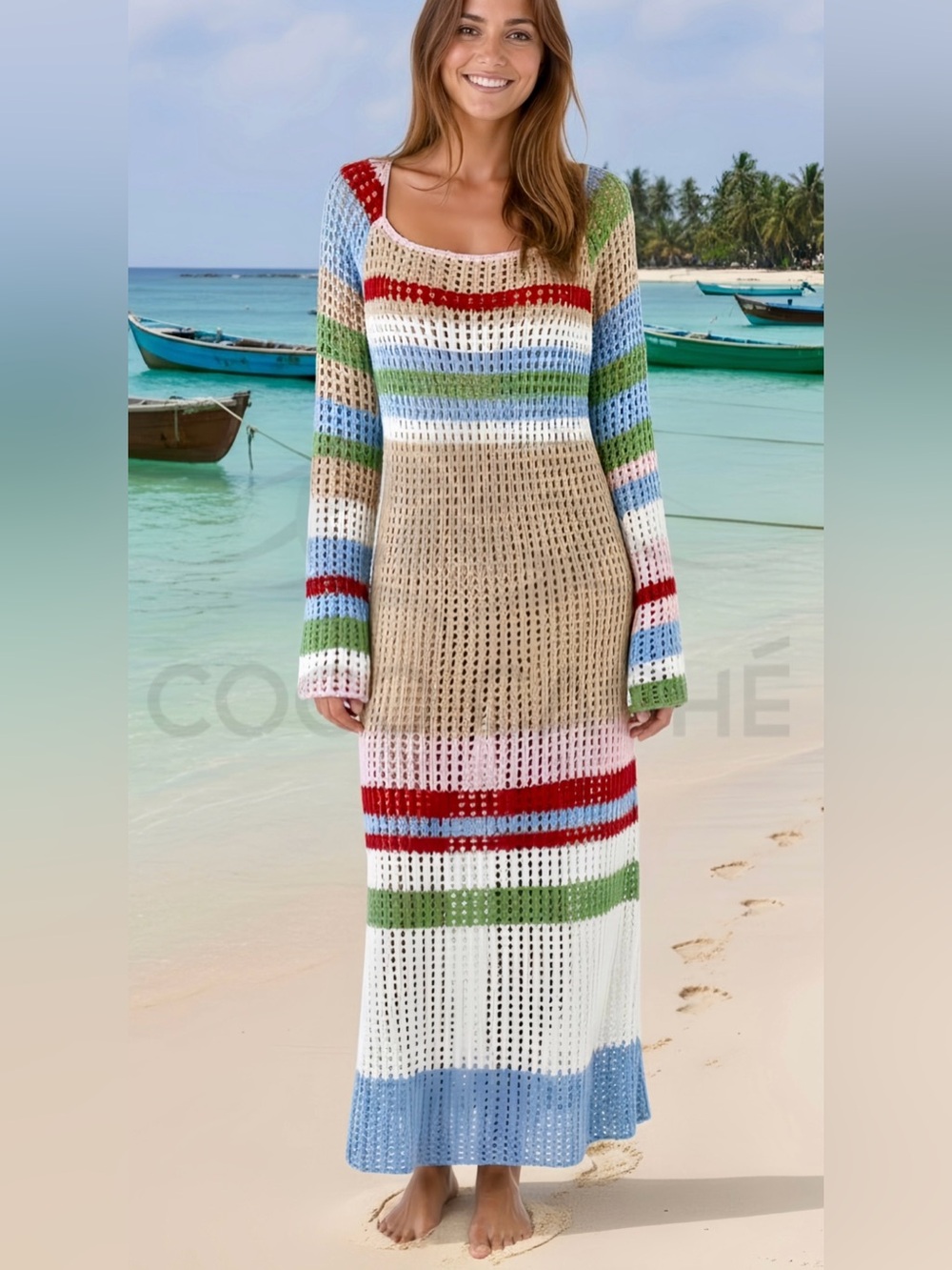 Casual Bohemian Crochet Long Sleeves Color Block Swimsuit Coverup Midi Dress